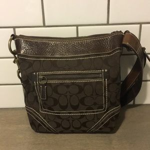 Coach brown leather and classic c print bag